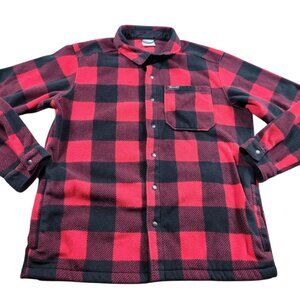Columbia Fleece Mens Medium Red Black Plaid Snap Buffalo Outdoors Long Sleeve